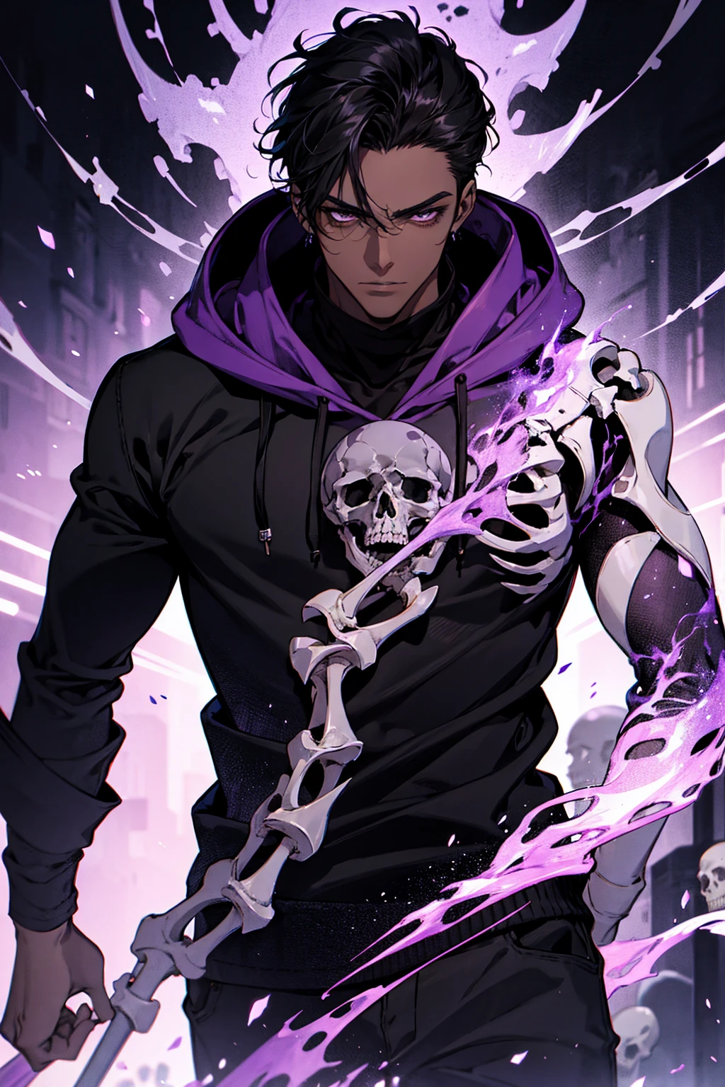 male with bones, looking away from camera, skulls, bones, handsome, black, dark skin, tall, broad shoulders, black hair, purple, purple fire, magic, detailed face, fantasy, hoodie