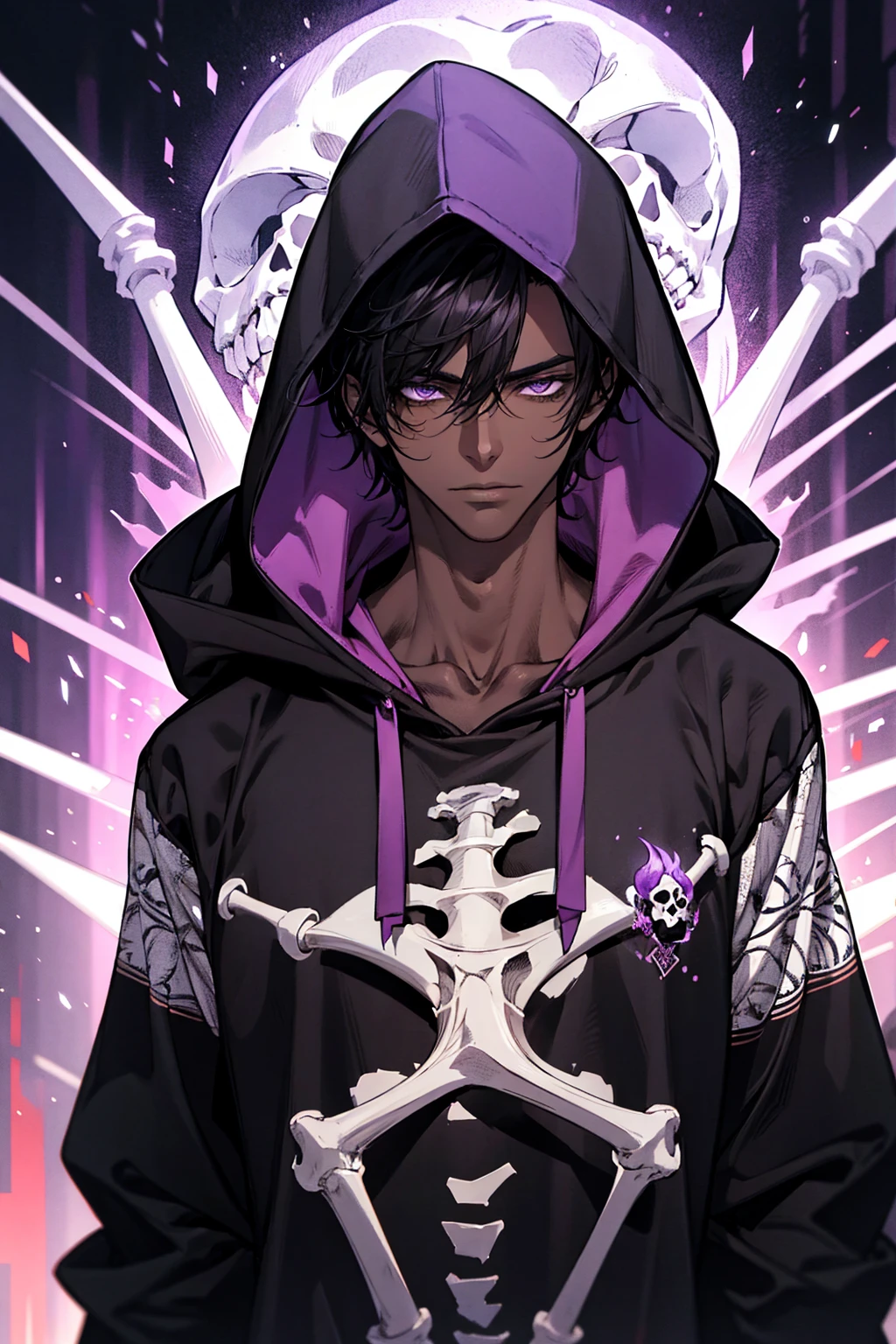 male with bones, looking away from camera, skulls, bones, handsome, black, dark skin, tall, broad shoulders, black hair, purple, purple fire, magic, detailed face, fantasy, hoodie