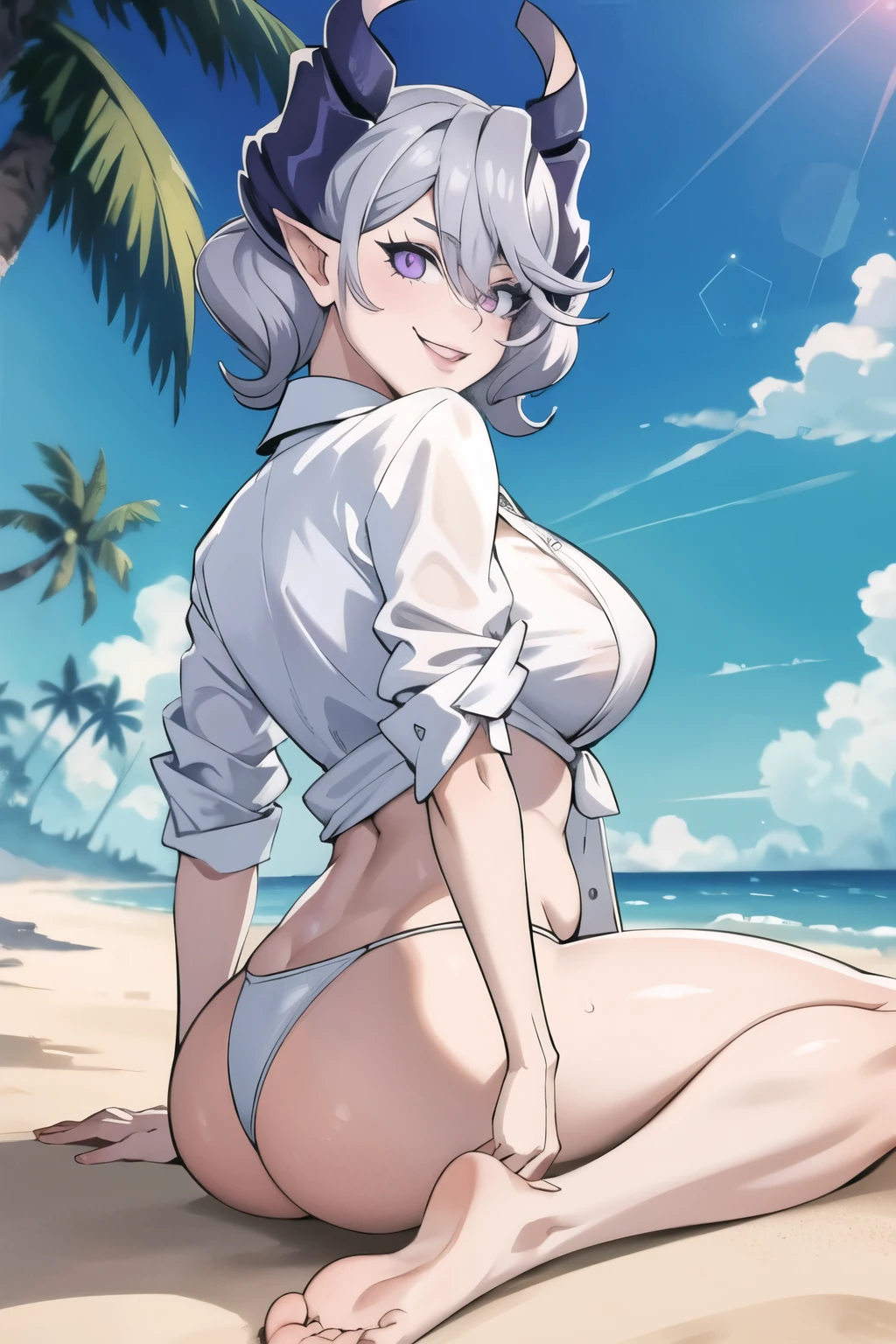 High level image quality best image quality 8K adult woman beach sunset palm trees whole body view portrait horn ears short hair((shortcut)(gray hair)(perm)(fluffy)) eye color is blue , classy pink sunglasses , attractive evil face , smile , sexy pose , labrynth , barearm shirt , lying on belly, on the ground , , crossed leg style in detailed , view foot sole , view from behind , view naked