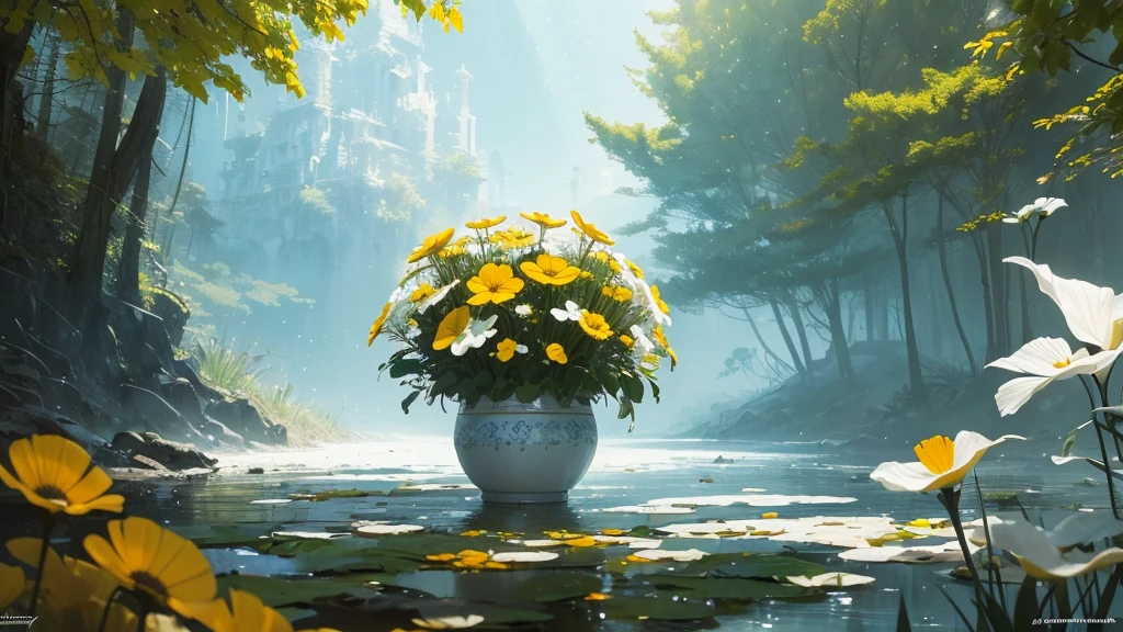 32k, Masterpiece, highest quality, One girl, Detailed eyes, flower,Sandersonia, Yellow and white style,A dreamy, romantic piece,Pale orange, Mysterious Leaves,A playful arrangement,Fantasy,High Contrast,Ink strokes,explosion,Exposure, Impression of yellow and white tones,Abstract,((Watercolours by John Berkey and Jeremy Mann )) Brush strokes,Negative Space, Tyndall effect,