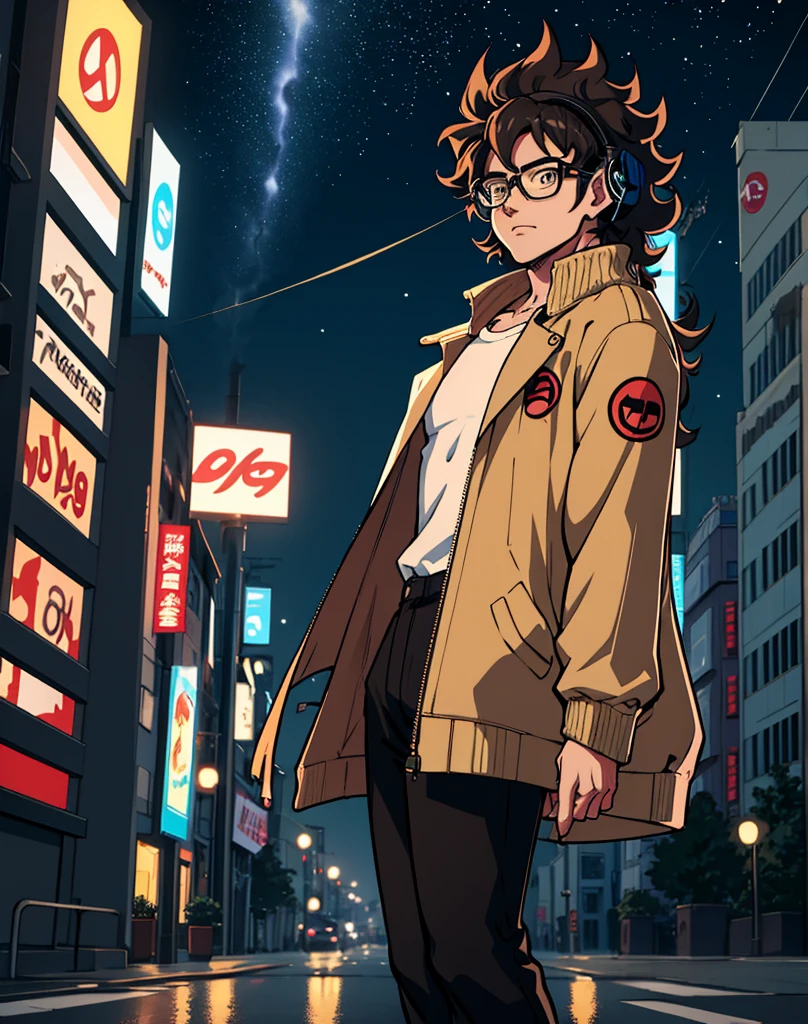 "A 2D anime-style image of a male character standing in the middle of a bustling city street at night. The character has curly hair, wears glasses, a white shirt, a light brown jacket, and headphones on his ears. The background features tall buildings with illuminated signs and lights, a night sky with stars, and streetlights. Ensure the overall style and proportions are realistic and closely match the reference image."