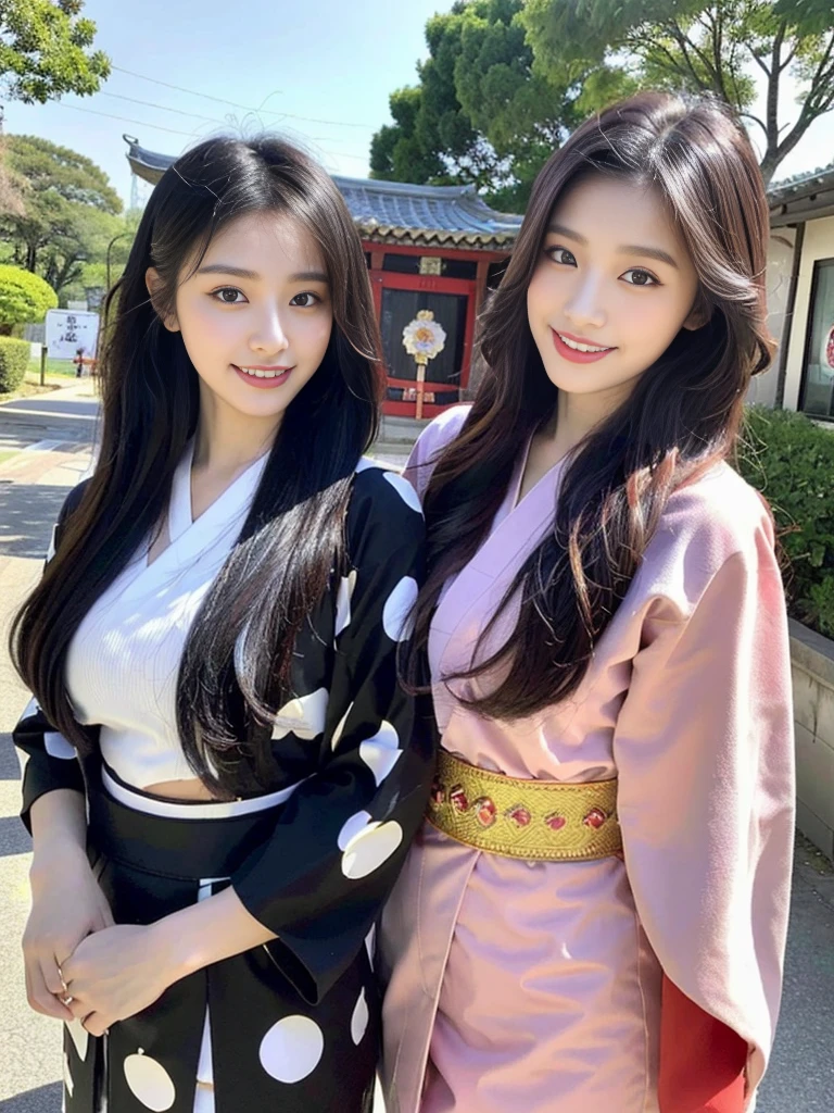 (Super cute Korean gal high school girls duo taking photos side by side 1.2)(grin,Smile)(Beautiful Sweat:1.1)(16k, RAW Photos, highest quality, masterpiece: 1.2),(Mr.々Beautiful black hair with a simple hairstyle:1.2) Super detailed, Super Resolution, (Genuine, Genuine photos: 1.37), Portraiture, High-resolution RAW color photos, Professional photos, Very detailed, 8k wallpaper, Very detailed CG Unity 8k wallpaper, Very detailed beautiful girls, Very detailed faces, ((whole body)), beautiful woman, Huge breasts,(huge boobs:1.1) (Big Boobs:1.1),high school girl, Korean Girls,(K-POP Female Idols), (Idol-class beauty)(Beautiful high school girl:1.1)(屋台がいっぱいあるshrineの夏祭り:1.2)(18-year-old)(Stylish kimono-style outfit:1.1)(Group photo:1.3)shrine,yukata,