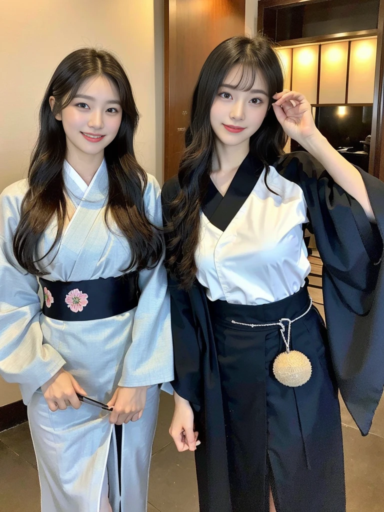 (Super cute Korean gal high school girls duo taking photos side by side 1.2)(grin,Smile)(Beautiful Sweat:1.1)(16k, RAW Photos, highest quality, masterpiece: 1.2),(Mr.々Beautiful black hair with a simple hairstyle:1.2) Super detailed, Super Resolution, (Genuine, Genuine photos: 1.37), Portraiture, High-resolution RAW color photos, Professional photos, Very detailed, 8k wallpaper, Very detailed CG Unity 8k wallpaper, Very detailed beautiful girls, Very detailed faces, ((whole body)), beautiful woman, Huge breasts,(huge boobs:1.1) (Big Boobs:1.1),high school girl, Korean Girls,(K-POP Female Idols), (Idol-class beauty)(Beautiful high school girl:1.1)(屋台がいっぱいあるshrineの夏祭り:1.2)(18-year-old)(Stylish kimono-style outfit:1.1)(Group photo:1.3)shrine,yukata,