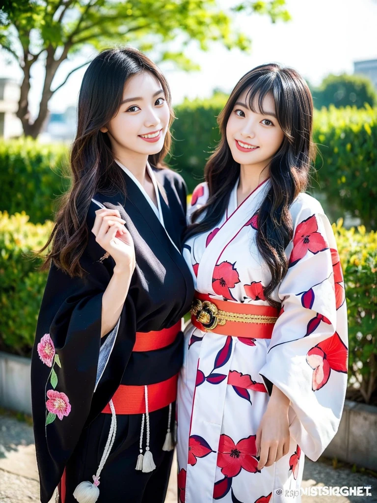 (Super cute Korean gal high school girls duo taking photos side by side 1.2)(grin,Smile)(Beautiful Sweat:1.1)(16k, RAW Photos, highest quality, masterpiece: 1.2),(Mr.々Beautiful black hair with a simple hairstyle:1.2) Super detailed, Super Resolution, (Genuine, Genuine photos: 1.37), Portraiture, High-resolution RAW color photos, Professional photos, Very detailed, 8k wallpaper, Very detailed CG Unity 8k wallpaper, Very detailed beautiful girls, Very detailed faces, ((whole body)), beautiful woman, Huge breasts,(huge boobs:1.1) (Big Boobs:1.1),high school girl, Korean Girls,(K-POP Female Idols), (Idol-class beauty)(Beautiful high school girl:1.1)(屋台がいっぱいあるshrineの夏祭り:1.2)(18-year-old)(Stylish kimono-style outfit:1.1)(Group photo:1.3)shrine,yukata,