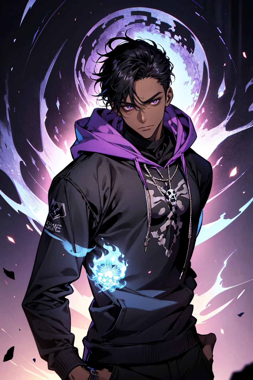 male with bones, looking away from camera, skulls, bones, handsome, black, dark skin, tall, broad shoulders, black hair, purple, purple fire, magic, detailed face, fantasy, hoodie
