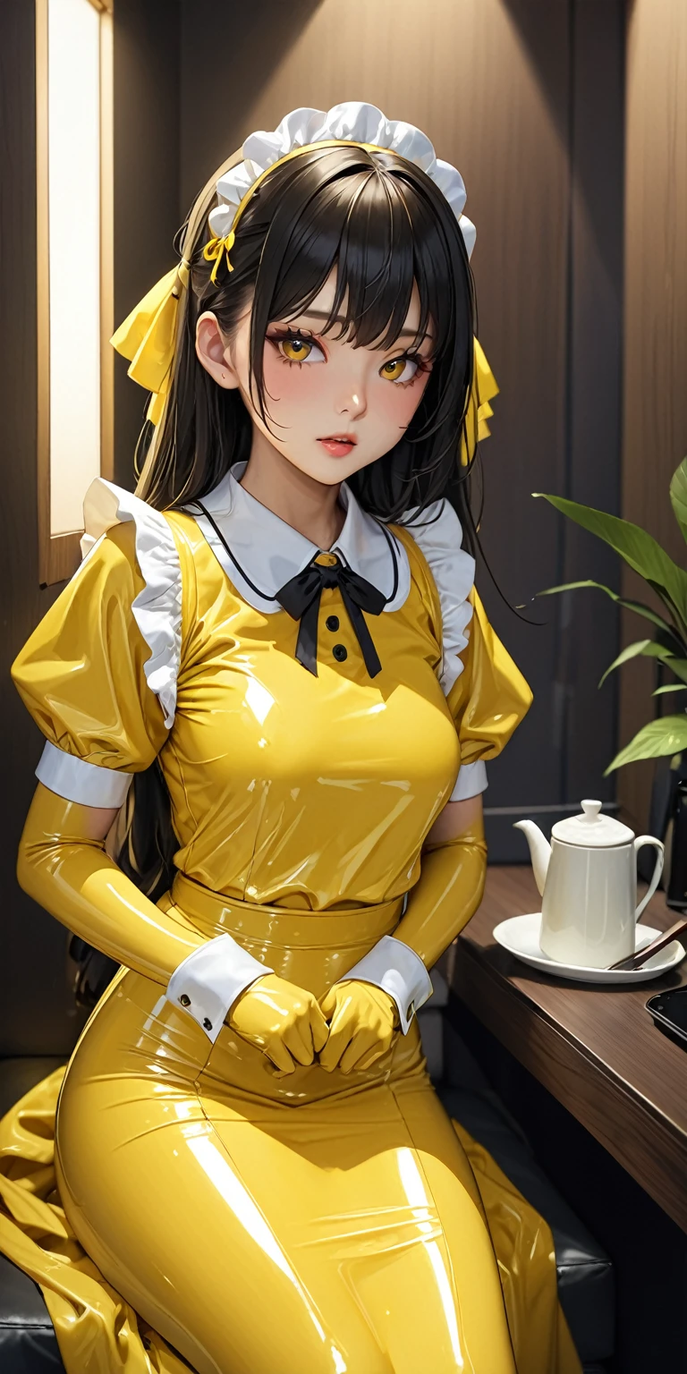 (masterpiece,highest quality,超A high resolution),Japanese women, (((Very beautiful 25 year old girl))),(Yellow latex maid outfit)、Yellow latex long skirt、(Yellow latex long sleeve shirt)、Yellow latex long gloves、Yellow latex socks、The clothes fit snugly to the body、Latex is very shiny、Dark Room