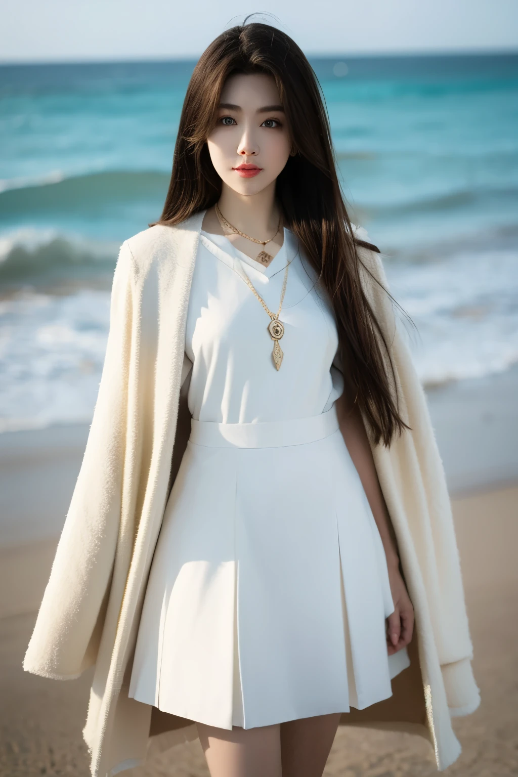 Beautiful woman with perfect body：1.4，Layered Hairstyle，Highly detailed face and skin textures，Double eyelids，Skin Whitening，Long hair，Whitened long legs，（Japanese school uniforms，necklace），Standing by the sea，Half-length photo