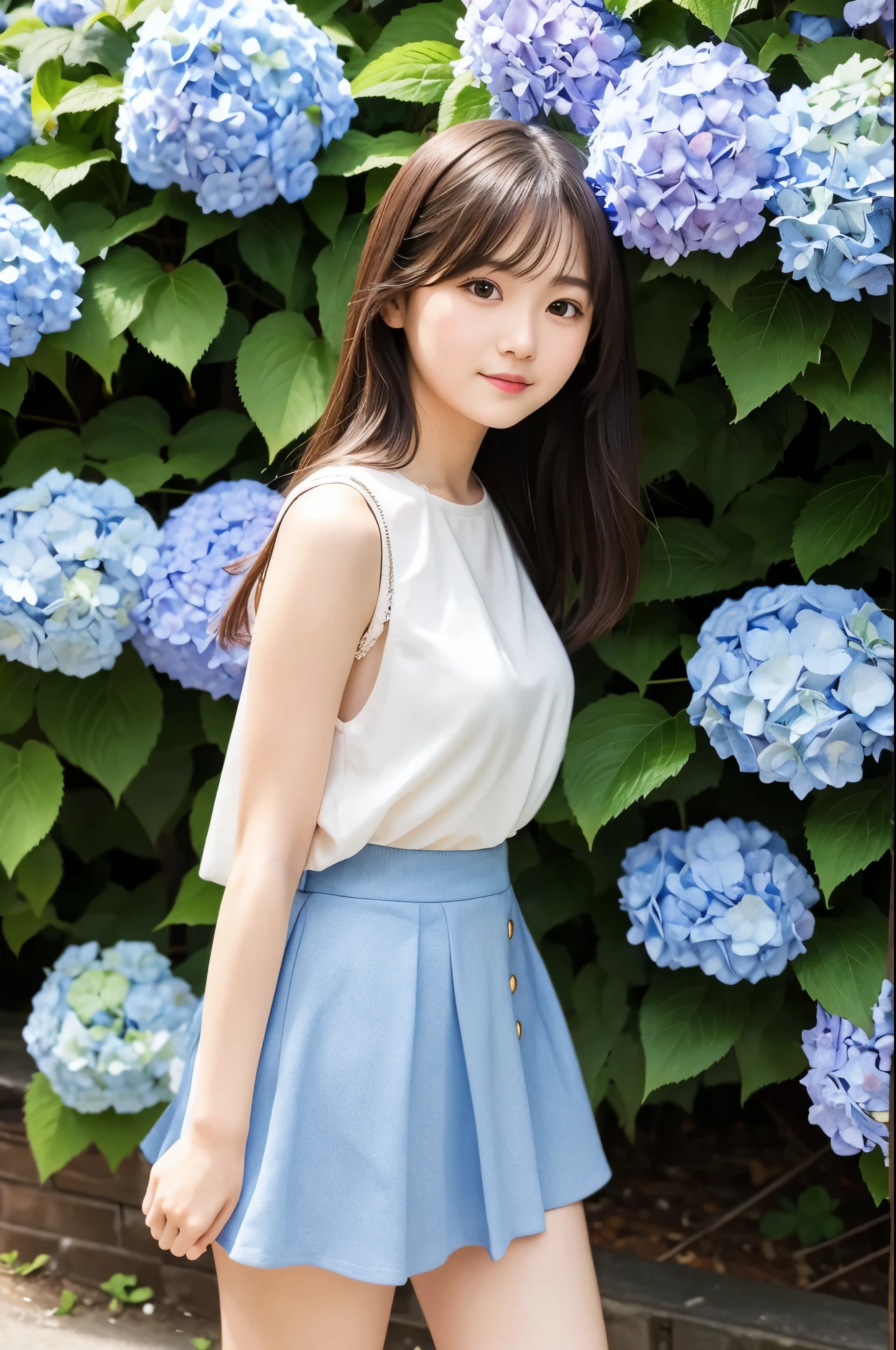 A cute 20-year-old girl standing in a park with hydrangeas in bloom(mini skirt)