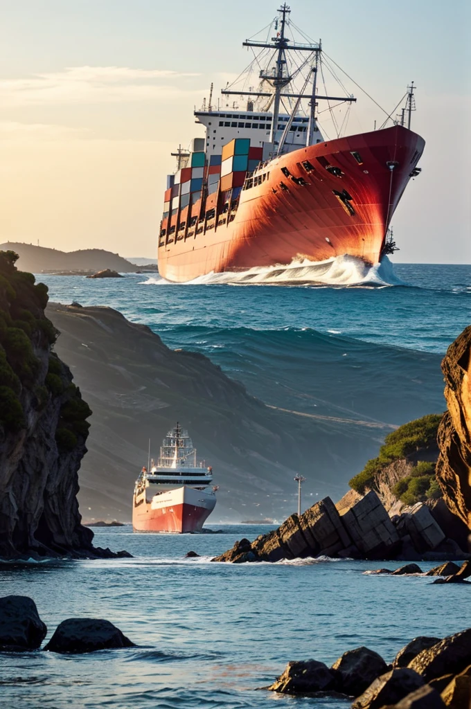 A large ship tipping in the side of a rock