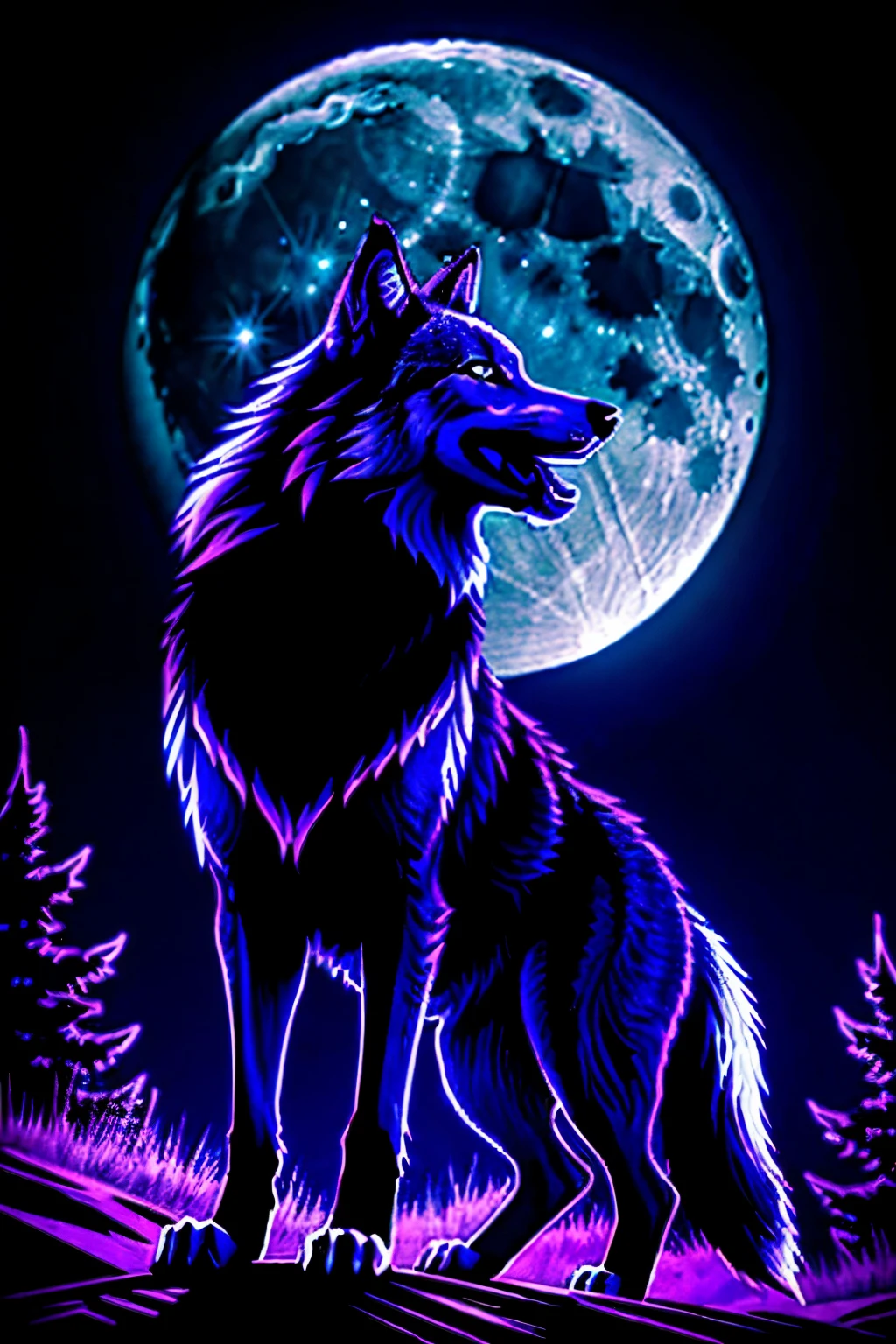 blacklight style wolf howling with the moon background