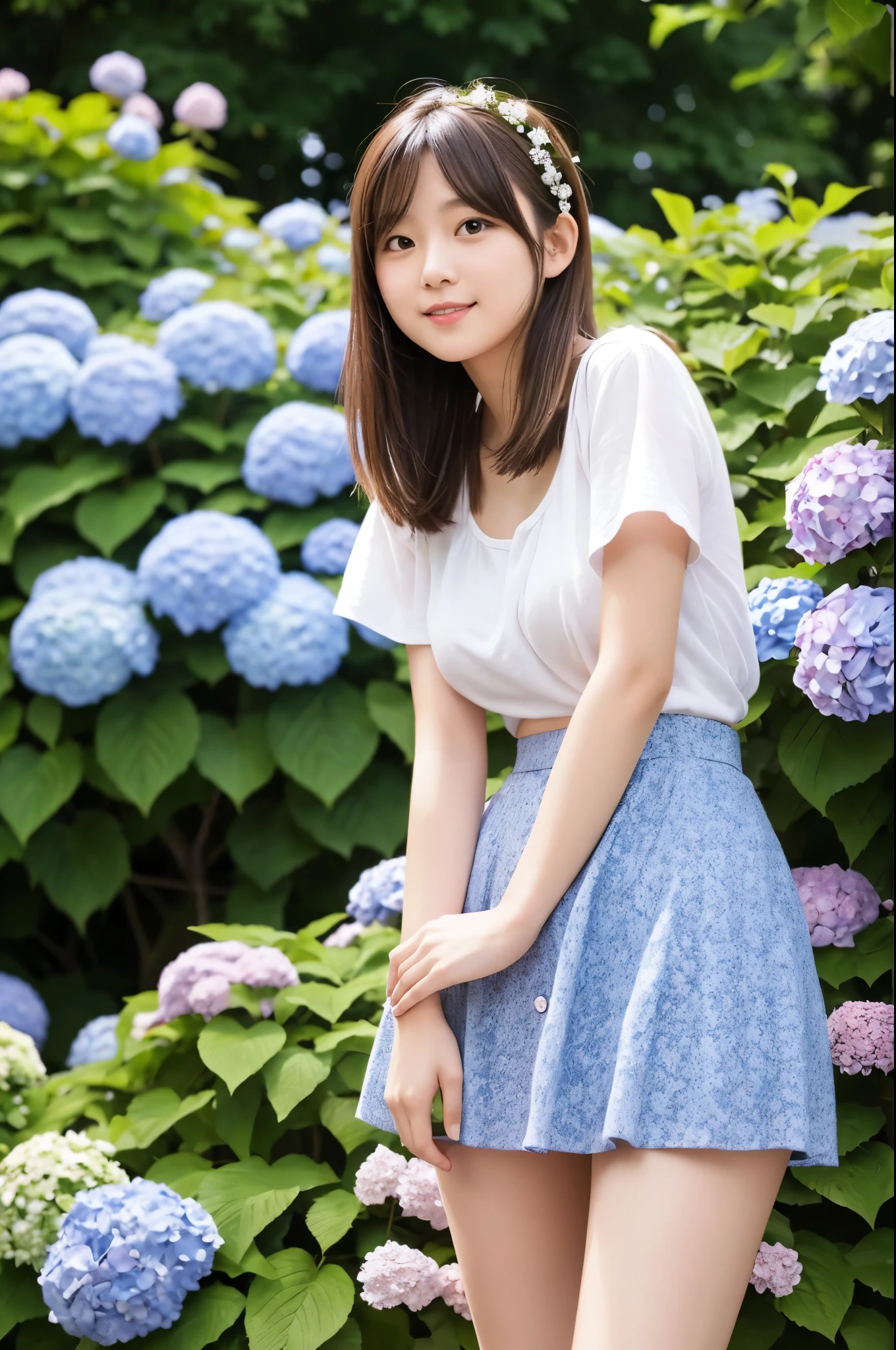A 20-year-old girl wearing a miniskirt、In the hydrangea park。
