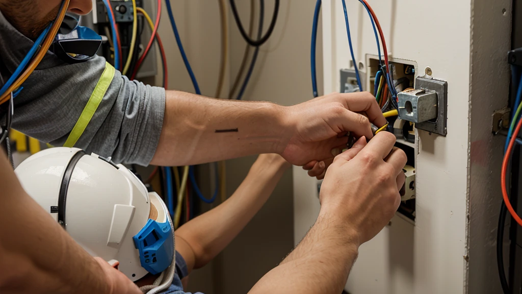 Close-up of an electrician contractor showcasing the electrical wiring being installed in a new setup