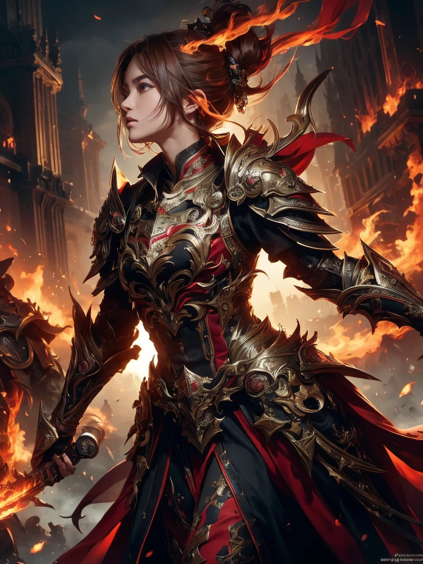 ((Low angle view)), ((Detailed background)), ((Battlefield, group of armies)), (masterpiece, top quality, best quality, official art, beautiful and aesthetic:1.2), (1girl),craft a Hyper-realistic portrayal of a futuristic (1girl1.2), beautiful character donned in intricate armor surrounded by captivating flames, an epic long (sword:1.2), Dynamic pose, Random pose, Dynamic angle, battle stance, Meticulous details capture the intense fusion of tradition and innovation in this visually stunning composition. Trending on Artstation. Perfect lighting,,
