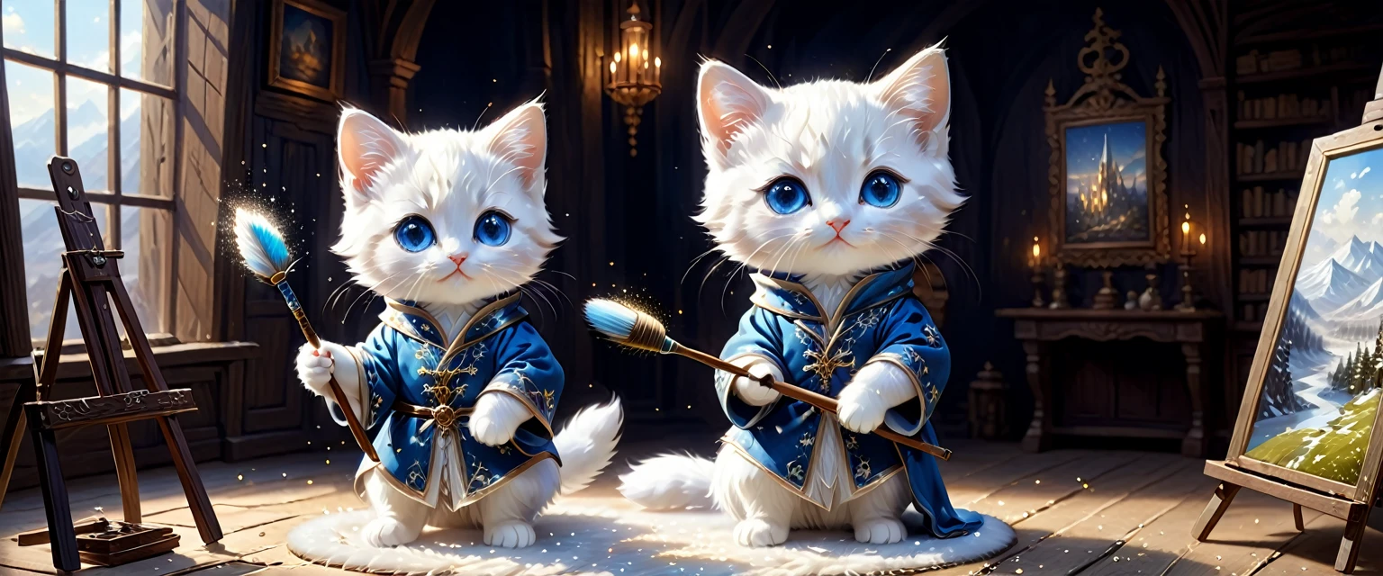 C4tt4stic, the setting is medieval Europe, the surroundings are a fantastic space surrounded by light particles, glittering and shining, wearing a luxurious robe, illustration of a small and cute creature, anthropomorphized blue eyes, white fur kitten, two arms, two legs, painter, holding a brush, painting on a canvas set up on an easel. The background is a landscape of Sapporo, fantasy art, exquisite details, Jean-Baptiste Monge style, Alan Lee style, movie scene, dramatic shot angle, atmospheric particles, real, raw cinematic photorealism, action portrait, 8k, detailed, full frame, highly detailed,