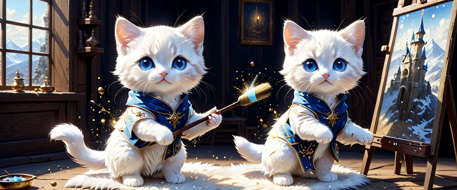 C4tt4stic, the setting is medieval Europe, the surroundings are a fantastic space surrounded by light particles, glittering and shining, wearing a luxurious robe, illustration of a small and cute creature, anthropomorphized blue eyes, white fur kitten, two arms, two legs, painter, holding a brush, painting on a canvas set up on an easel. The background is a landscape of Sapporo, fantasy art, exquisite details, Jean-Baptiste Monge style, Alan Lee style, movie scene, dramatic shot angle, atmospheric particles, real, raw cinematic photorealism, action portrait, 8k, detailed, full frame, highly detailed,