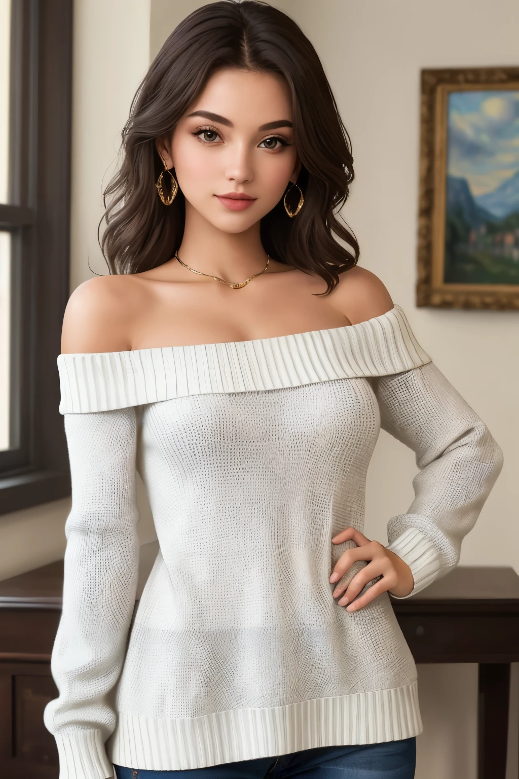 ((highest quality)), ((masterpiece)), (detailed), One girl, Off-the-shoulder sweater, 