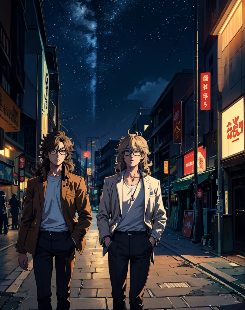 "A 2D anime-style image of a male character standing in the middle of a bustling city street at night. The character has curly hair, wears glasses, a white shirt, a light brown jacket, and headphones on his ears. The background features tall buildings with illuminated signs and lights, a night sky with stars, and streetlights. Ensure the overall style and proportions are realistic and closely match the reference image."