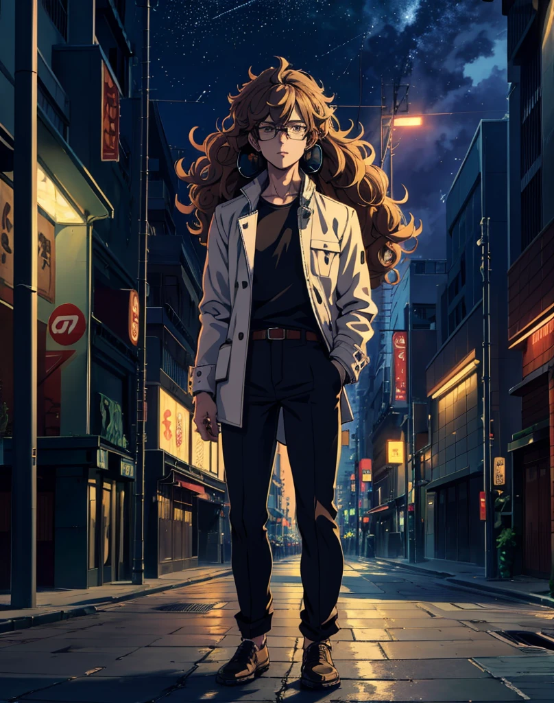 "A 2D anime-style image of a male character standing in the middle of a bustling city street at night. The character has curly hair, wears glasses, a white shirt, a light brown jacket, and headphones on his ears. The background features tall buildings with illuminated signs and lights, a night sky with stars, and streetlights. Ensure the overall style and proportions are realistic and closely match the reference image."