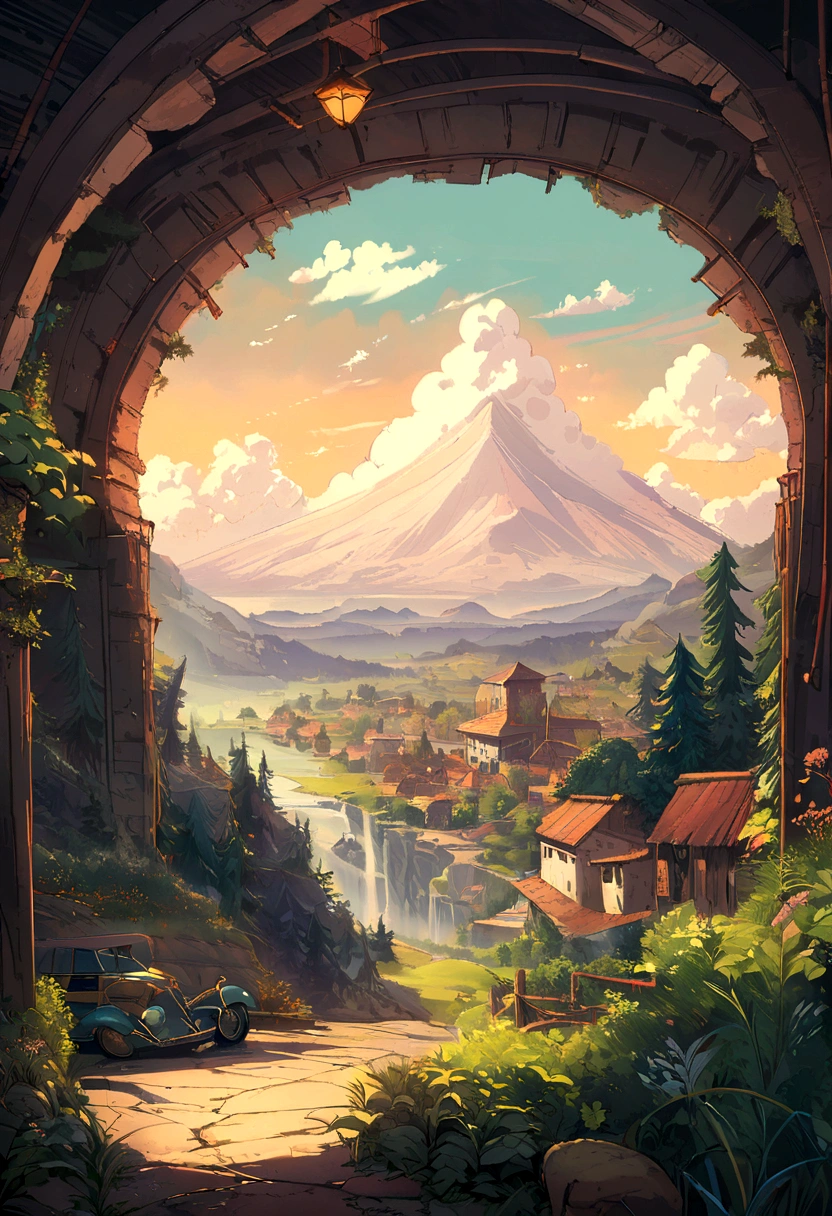 there is a car in a garage with a mountain view, detailed scenery —width 672, stunning art style, detailed 2d illustration, ghibli vibe, lofi art, amazing wallpaper, immensely detailed scene, highly detailed scene, studio ghibli and dan mumford, illustration!, 🪔 🎨;🌞🌄, by sylvain sarrailh