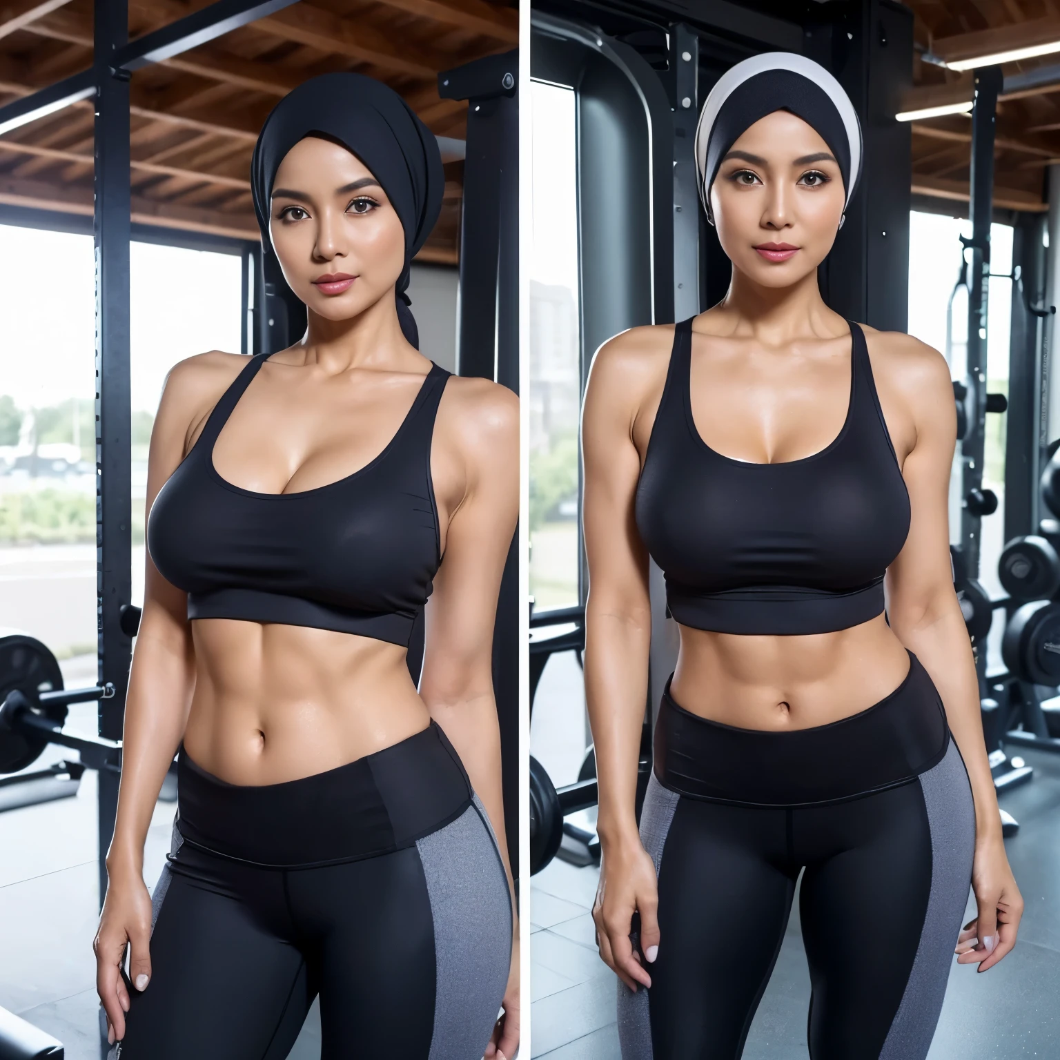 52 years Old, ((Sugar Mama)), ((Beauty Hijab Indonesian Mature woman)), ((Sensual lips)), wet Oily Tanlined  through, (((LARGE BOOBS))), ((196 Inches BOOBS)), (((Tank Top))), (((Fitness Pants))), ((Nailing Polish)), Face full of Make up, Full body, Realistic Detailed Perfect abs, at Gym, Dark light, at Day time, Standing.
