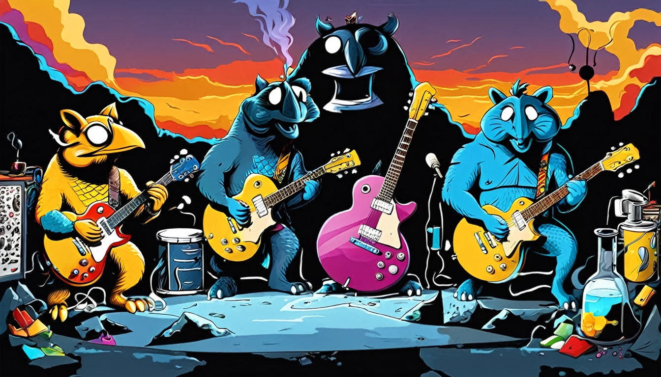 Masterpiece three happy creatures; Guitars (golden Les Paul) and drums in a small science lab, complete with speakers and glass flasks of chemistry, embody the resilience and tenacity of the scientific community, infused with a bold graphic allure that enlivens the spirit of science. The design penetrates layers of depth, integrating the raw essence and vibrant cores of Rio de Janeiro culture. Brushstrokes that incorporate the fluid energy of graffiti on guitars and acoustic guitars weave around dynamic geometric shapes, adorning the laboratories with an evocative masterpiece that speaks to the heart of the intersection between two diverse worlds. Majestically rendered in high definition and vibrant color, every detail bursts with life, inviting viewers to marvel at the beauty that; by Picasso