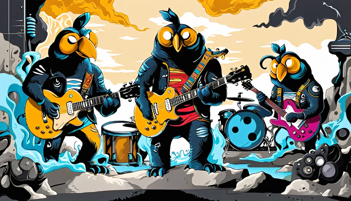 Masterpiece three happy creatures; Guitars (golden Les Paul) and drums in a small science lab, complete with speakers and glass flasks of chemistry, embody the resilience and tenacity of the scientific community, infused with a bold graphic allure that enlivens the spirit of science. The design penetrates layers of depth, integrating the raw essence and vibrant cores of Rio de Janeiro culture. Brushstrokes that incorporate the fluid energy of graffiti on guitars and acoustic guitars weave around dynamic geometric shapes, adorning the laboratories with an evocative masterpiece that speaks to the heart of the intersection between two diverse worlds. Majestically rendered in high definition and vibrant color, every detail bursts with life, inviting viewers to marvel at the beauty that; by Picasso