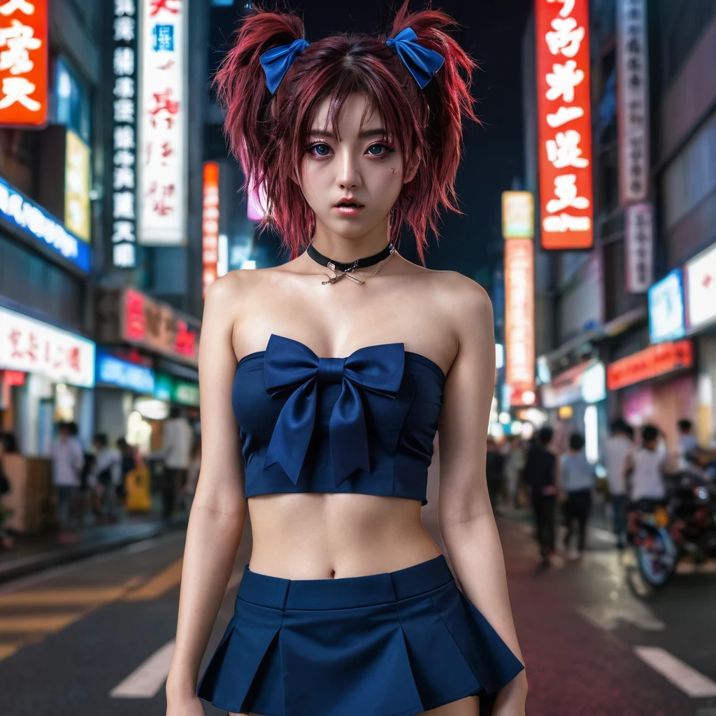 (8k, RAW photo, masterpiece:1.3), (realistic, photo-realistic:1.37), (night), (looking at viewer:1.331), (bloody hair), posing, Tokyo street, nightcityscape, cyberpunk city, soft light, topless girl, extremely beautiful face, bust, put down hands, Random hairstyle, Random expression, big eyes, lower abdomen, (topless), JK_style, (dark blue short JK_skirt), (bow JK_tie), mix4., best quality