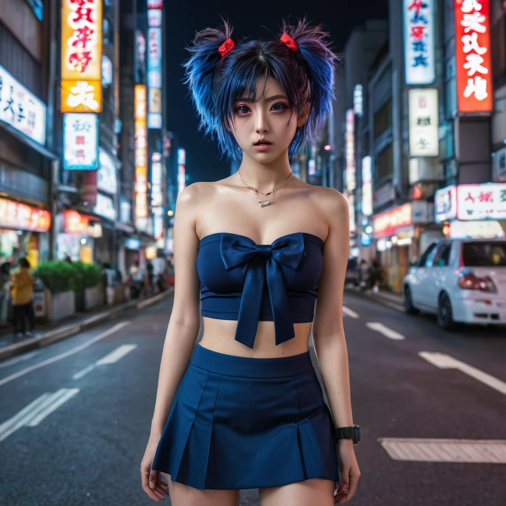 (8k, RAW photo, masterpiece:1.3), (realistic, photo-realistic:1.37), (night), (looking at viewer:1.331), (bloody hair), posing, Tokyo street, nightcityscape, cyberpunk city, soft light, topless girl, extremely beautiful face, bust, put down hands, Random hairstyle, Random expression, big eyes, lower abdomen, (topless), JK_style, (dark blue short JK_skirt), (bow JK_tie), mix4., best quality