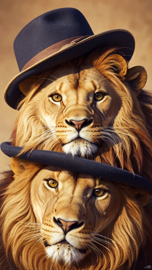 highest quality, High resolution, Super detailed, Realistic, Lion in a hat, Anthropomorphic lion, Detailed faces and expressions, Cute lion with android characteristics, Realistic textures, The specifics of fur and hats, Vibrant colors, Whimsical art style, No background