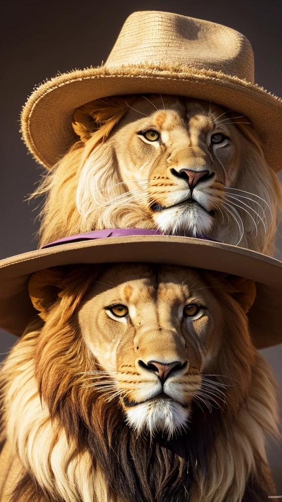 highest quality, High resolution, Super detailed, Realistic, Lion in a hat, Anthropomorphic lion, Detailed faces and expressions, Cute lion with android characteristics, Realistic textures, The specifics of fur and hats, Vibrant colors, Whimsical art style, No background