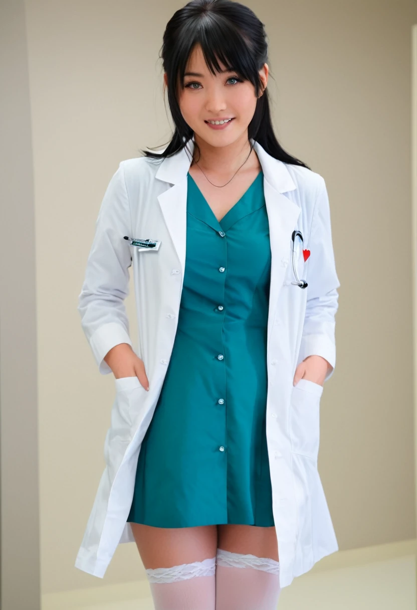 smiling stunning beautiful slim Japanese girl, wearing (white labcoat, teal shirtdress, white stockings), black hair, (clean modern upscale hospital room), photo, 1girl, cute, ultra high res, realistic photorealistic, ultra-detailed, finely detailed, high resolution, perfect dynamic composition, (perfect eyes), (detailed eyes), (clean eyes), (heart shaped hands)