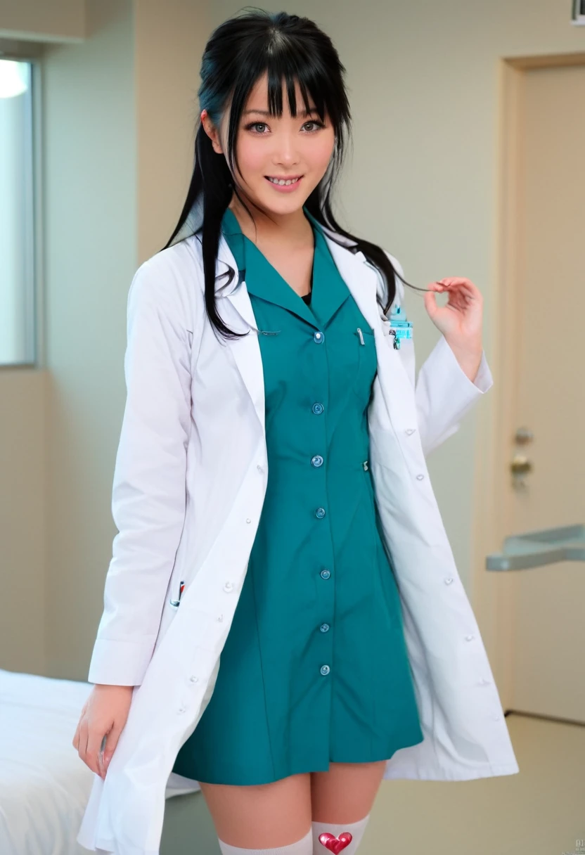 smiling stunning beautiful slim Japanese girl, wearing (white labcoat, teal shirtdress, white stockings), black hair, (clean modern upscale hospital room), photo, 1girl, cute, ultra high res, realistic photorealistic, ultra-detailed, finely detailed, high resolution, perfect dynamic composition, (perfect eyes), (detailed eyes), (clean eyes), (heart shaped hands)