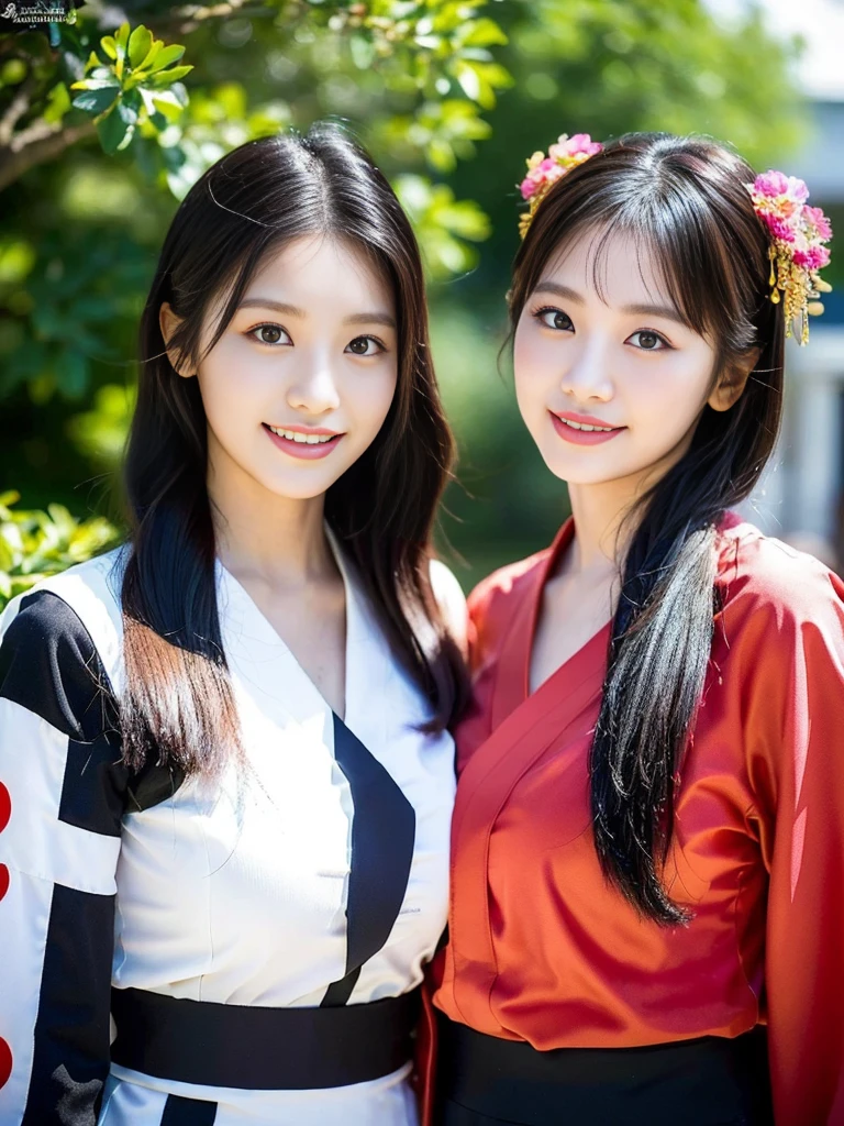 (Super cute Korean gal high school girls duo taking photos side by side 1.2)(grin,Smile)(Beautiful Sweat:1.1)(16k, RAW Photos, highest quality, masterpiece: 1.2),(Mr.々Beautiful black hair with a simple hairstyle:1.2) Super detailed, Super Resolution, (Genuine, Genuine photos: 1.37), Portraiture, High-resolution RAW color photos, Professional photos, Very detailed, 8k wallpaper, Very detailed CG Unity 8k wallpaper, Very detailed beautiful girls, Very detailed faces, ((whole body)), beautiful woman, Huge breasts,(huge boobs:1.1) (Big Boobs:1.1),high school girl, Korean Girls,(K-POP Female Idols), (Idol-class beauty)(Beautiful high school girl:1.1)(屋台がいっぱいあるshrineの夏祭り:1.2)(18-year-old)(Stylish kimono-style outfit:1.1)(Group photo:1.3)shrine,yukata,