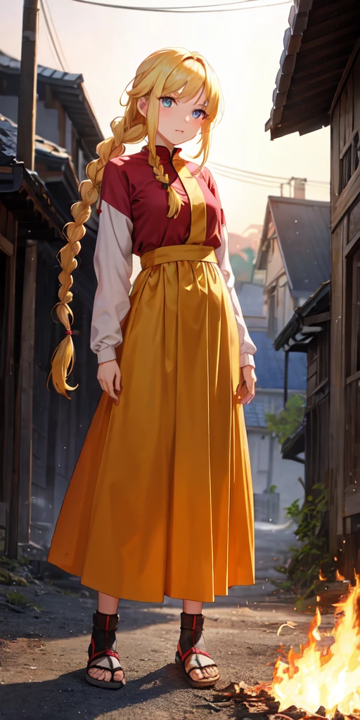slavian girl anime fire on background, the village is burning, the girl is standing sideways, blonde, long braid, sad