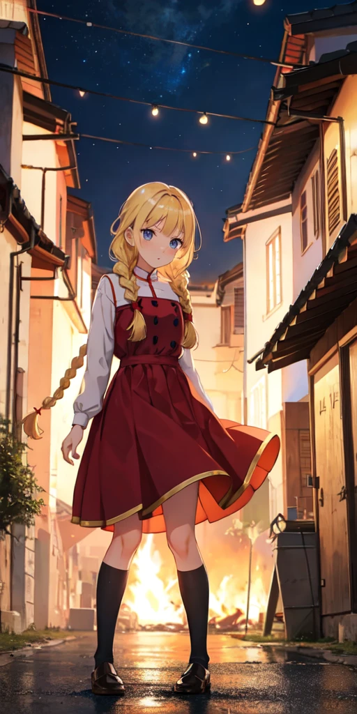 slavian girl anime fire on background, the village is burning, the girl is standing sideways, blonde, long braid, sad