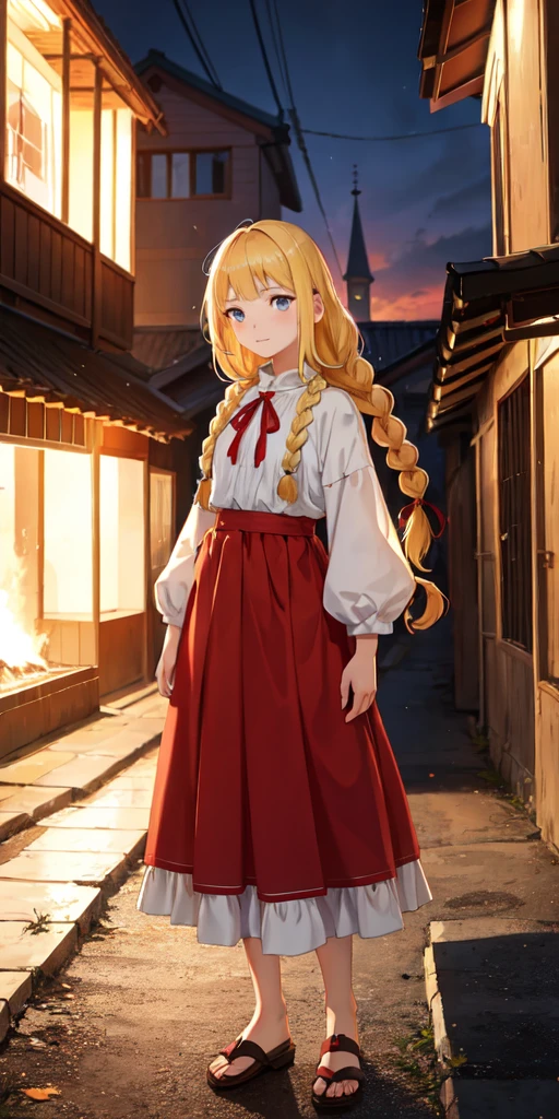 slavian girl anime fire on background, the village is burning, the girl is standing sideways, blonde, long braid, sad