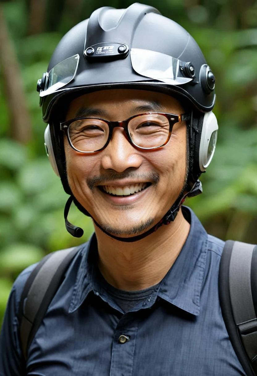 arafed man wearing a helmet and glasses with a smile on his face, inspired by Yasutomo Oka, toru narita, jisu choe, sam yang, otomo, keita morimoto, koji morimoto, kastuhiro otomo, naoki ikushima, john park, hiroya oku, (((luke chueh)))