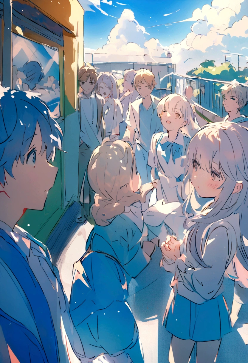 High school boys and girls looking up at the sky in a high school playground, dreaming of hope for the future。Hair is fluttering in the wind。Blue summer sky