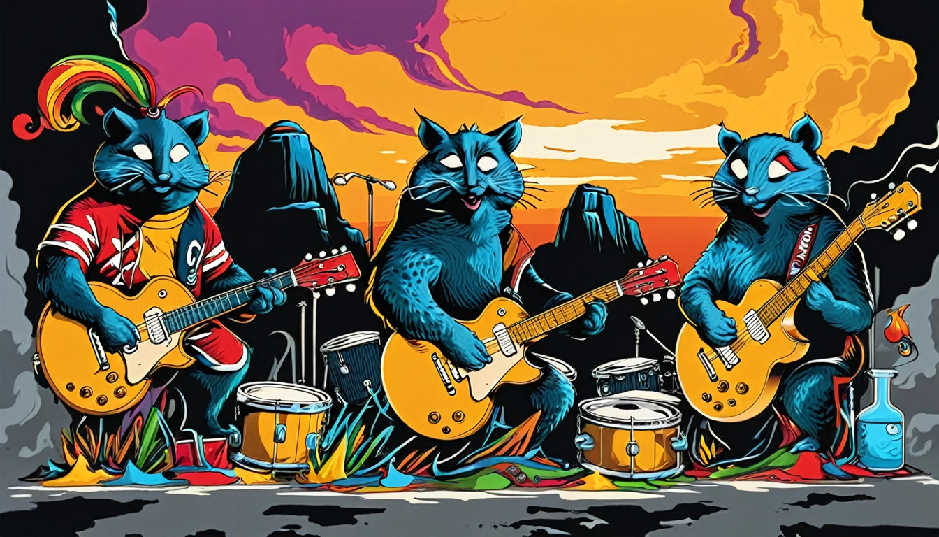 Masterpiece three happy creatures; Guitars (golden Les Paul) and drums in a small science lab, complete with speakers and glass flasks of chemistry, embody the resilience and tenacity of the scientific community, infused with a bold graphic allure that enlivens the spirit of science. The design penetrates layers of depth, integrating the raw essence and vibrant cores of Rio de Janeiro culture. Brushstrokes that incorporate the fluid energy of graffiti on guitars and acoustic guitars weave around dynamic geometric shapes, adorning the laboratories with an evocative masterpiece that speaks to the heart of the intersection between two diverse worlds. Majestically rendered in high definition and vibrant color, every detail bursts with life, inviting viewers to marvel at the beauty that; by Monet