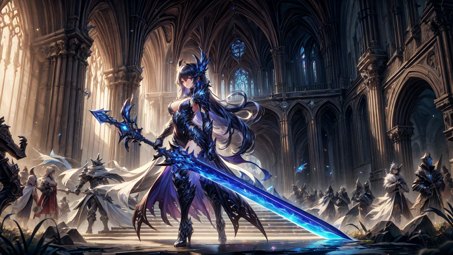 masterpiece, best quality, high quality, detailed, ultra detailed, hyper detailed, insanely detailed, exquisite, beautiful, FHD, Full-HD, 4K, 8K, 16K, highres, absurdres, background, a girl, beautiful, fantasy,battlefield,hailoknight, holding sword, holding weapon,mksks