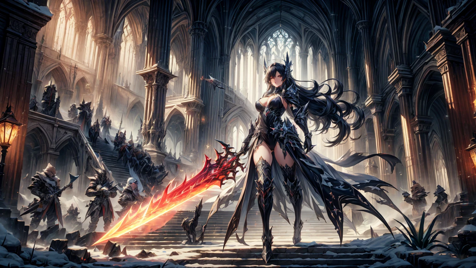 masterpiece, best quality, high quality, detailed, ultra detailed, hyper detailed, insanely detailed, exquisite, beautiful, FHD, Full-HD, 4K, 8K, 16K, highres, absurdres, background, a girl, beautiful, fantasy,battlefield,hailoknight, holding sword, holding weapon,mksks