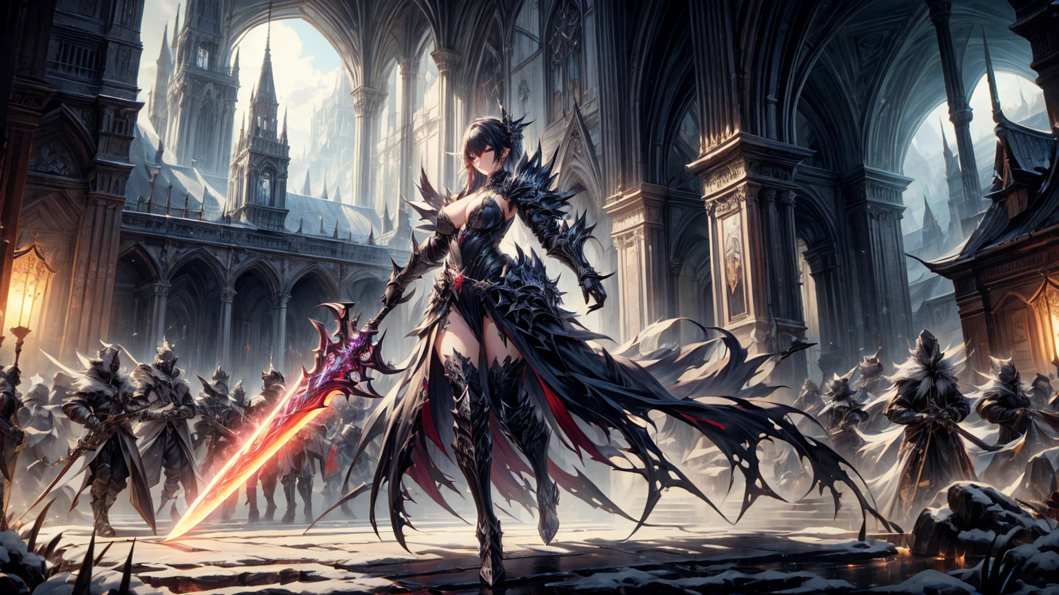 masterpiece, best quality, high quality, detailed, ultra detailed, hyper detailed, insanely detailed, exquisite, beautiful, FHD, Full-HD, 4K, 8K, 16K, highres, absurdres, background, a girl, beautiful, fantasy,battlefield,hailoknight, holding sword, holding weapon,mksks