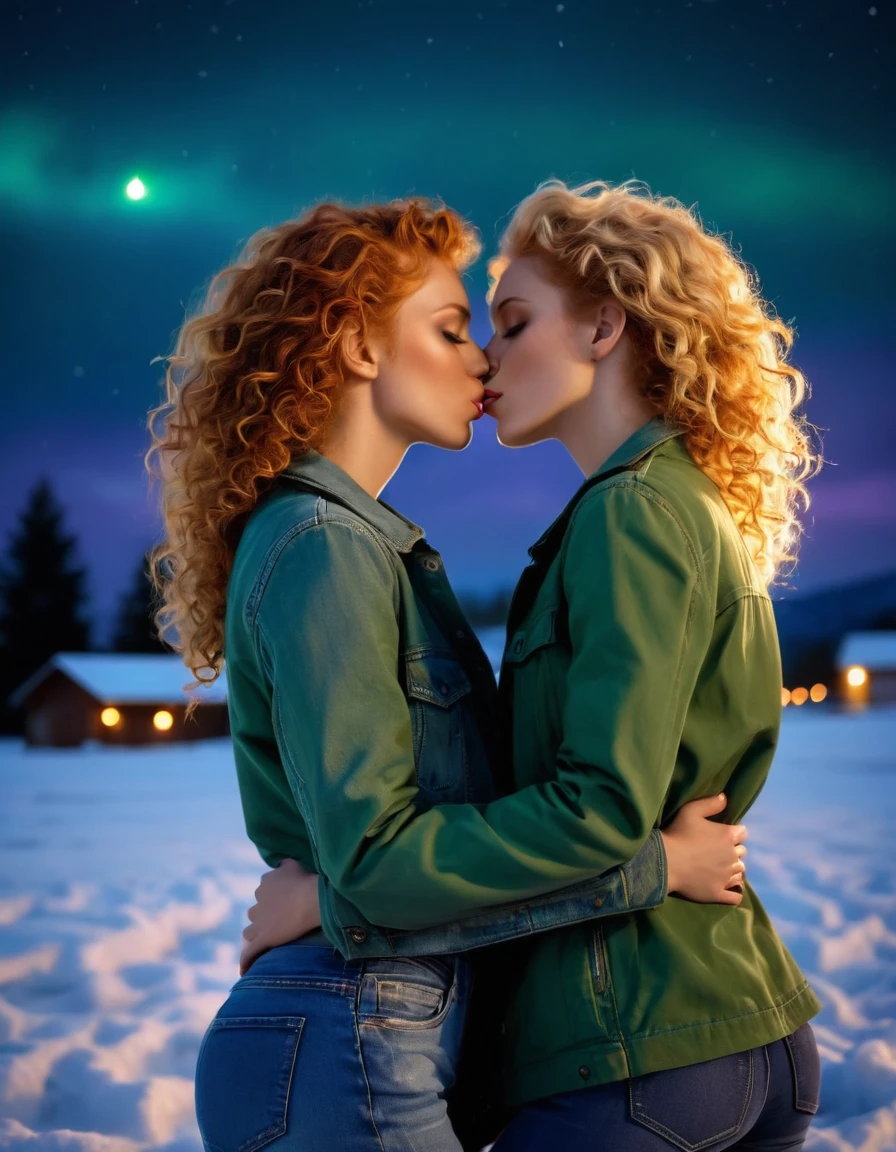 2 two ((diferent)) lesbian girls standing in a snow field, ((in the background dark sky)), in the night, hugs, ((they look at each other)), they turn to each other and cry, ((they kiss with great passion)), (((messy dirty girls))), wet hair, the lesbian sexual movement, sensual touching in a sensitive place, seen from behind, hot kissing, sensual touching, sensitive touch, (she reaches between her legs with her hand :1.1) they sexually excite each other, their hair is different colour, wearing dirty men's shirt, t-short, jacket, blue jeans, dirty men's shirt, dirty jeans, blurred background, slim bodies, slim girls models, 25-year-old female models,(Extremely meticulous CG 8k wallpaper), (Ultra High Resolution:1.0) ,beautiful light up,realistic shaded,(A high resolution) Extremely exquisite facial details, photorealistic, (anatomically correct). 1 verry curly ginger hair, 1 very curly platinum blonde hair. 1 wearing green dress, 1 wearing purple dress