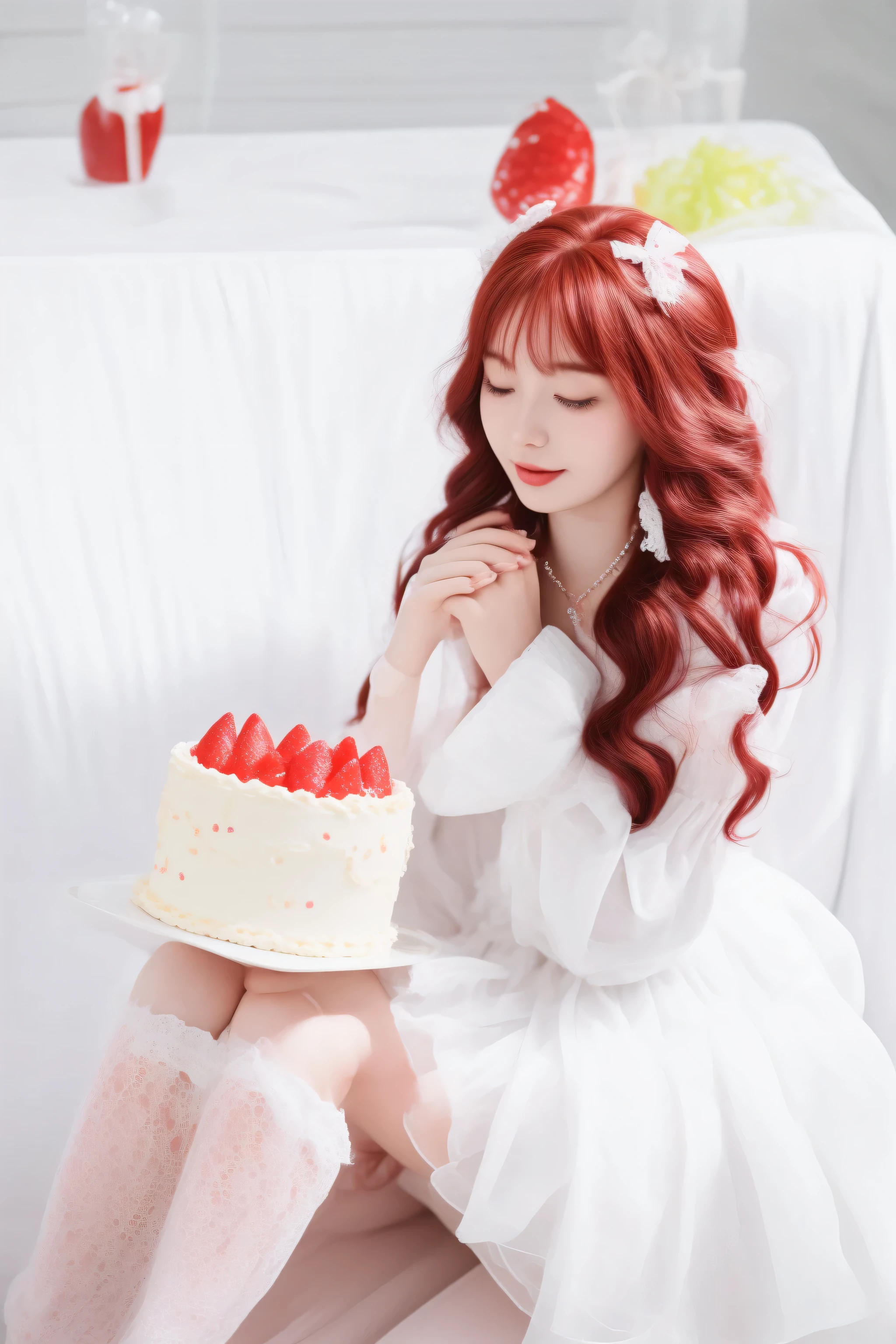 there is a woman sitting on a couch with a cake, eating cakes, holding a birthday cake, cake in hand, ulzzang, fairycore, red velvet, belle delphine, happy birthday, cake, lolita style, with curly red hair, wearing strawberry backpack, strawberry, with long red hair, portrait of magical lolita girl, lolita fashion, with red hair