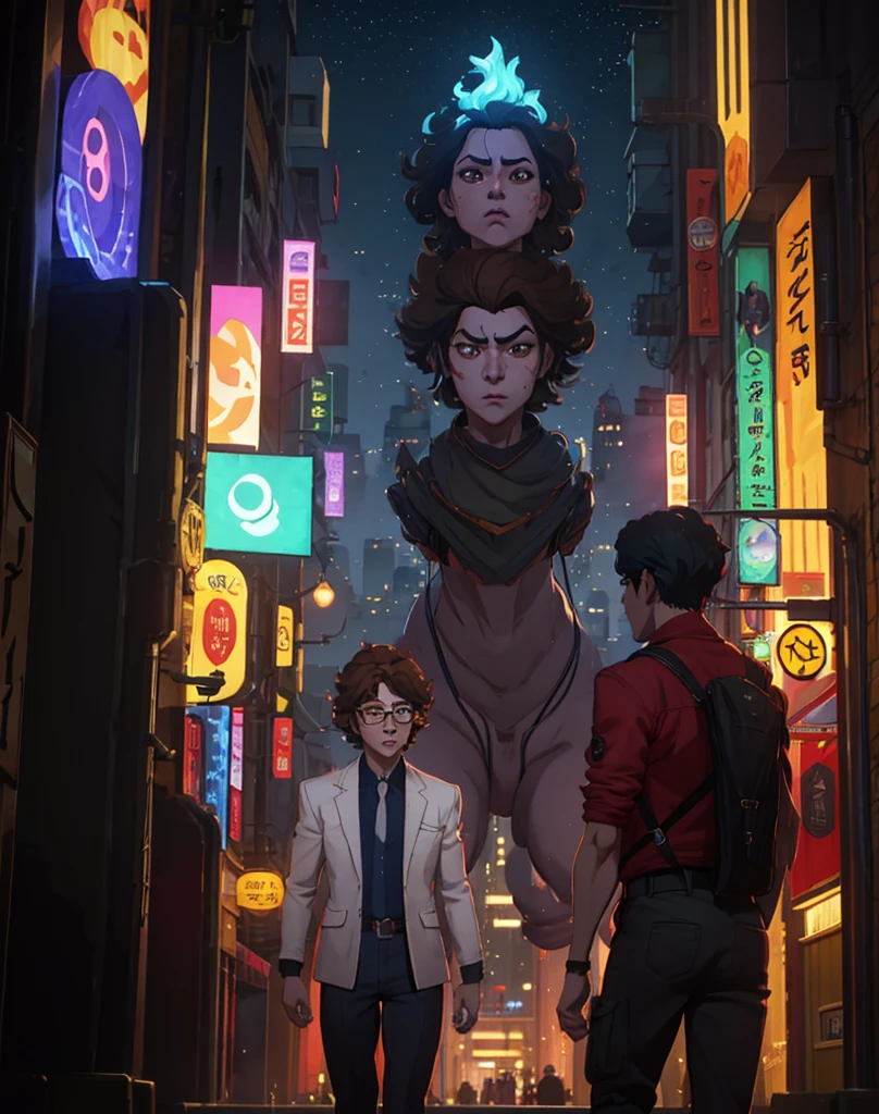 "A 2D anime-style image of a male character standing in the middle of a bustling city street at night. The character has curly hair, wears glasses, a white shirt, a light brown jacket, and headphones on his ears. The background features tall buildings with illuminated signs and lights, a night sky with stars, and streetlights. Ensure the overall style and proportions are realistic and closely match the reference image."