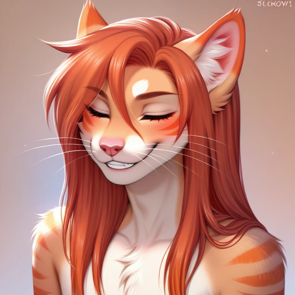 by hyattlen, by fumiko, by claweddrip, a feminine ginger tabby, feline, cat, orange fur, orange stripes, male, cute snout, pink nose, ginger hair, long hair, hair swept back, hazel eyes, whiskers, claws, boyish smile, grin, dimples, closed eyes, (kawaii, pose), (by clockhands, by chunie, by honovy), best quality, absurdres, highres, 8k, uhd, intricate details, highly detailed, Clear facial features, digital illustration, realistic shading, outline, detailed lines, detailed linework, proper anatomy
