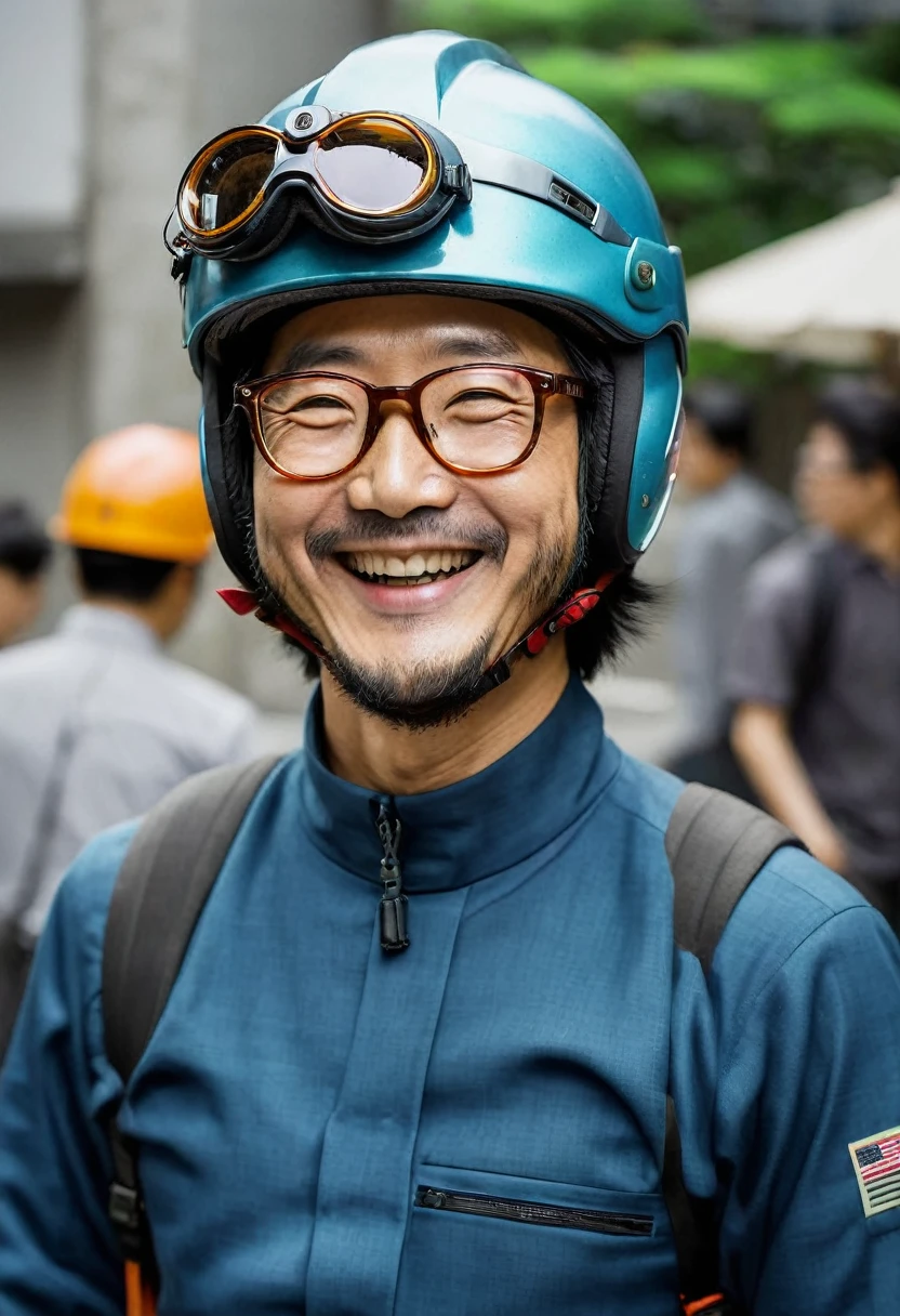 arafed man wearing a helmet and glasses with a smile on his face, a colorized photo inspired by Yasutomo Oka, reddit, shin hanga, toru narita, jisu choe, sam yang, otomo, keita morimoto, koji morimoto, kastuhiro otomo, naoki ikushima, john park