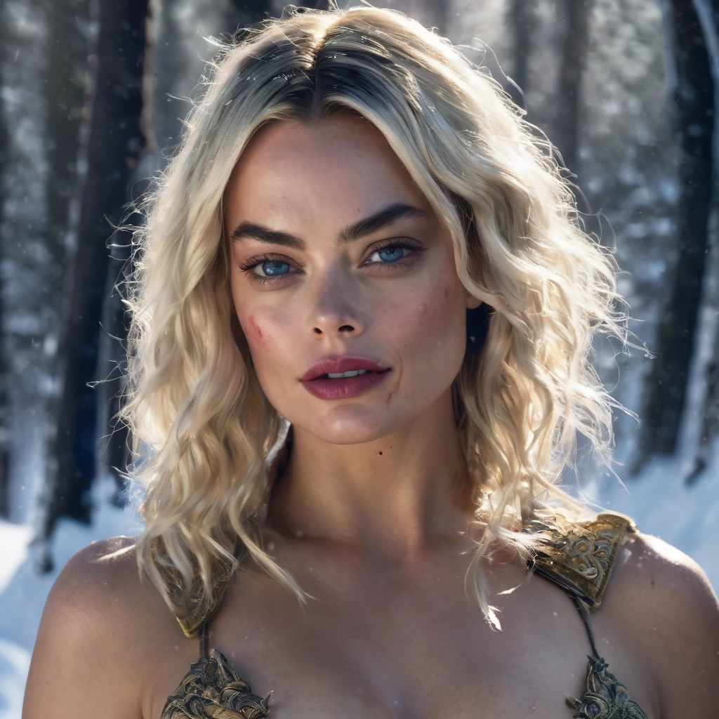 4k highly detailed realistic digital extremely high quality RAW photograph, a portrait photo of margot robbie that lived with wolves her whole life is now leading them to battle. torn clothes exposing (nude:1.4) body, armored pauldrons, fangs, curled horns, big breasts, ((snow and blood)), ((wolf tattoos)), epic, hyperrealistic, hyperrealism, 8k, cinematic lighting, greg rutkowski, wlop, (f1.8 short focus bokeh)