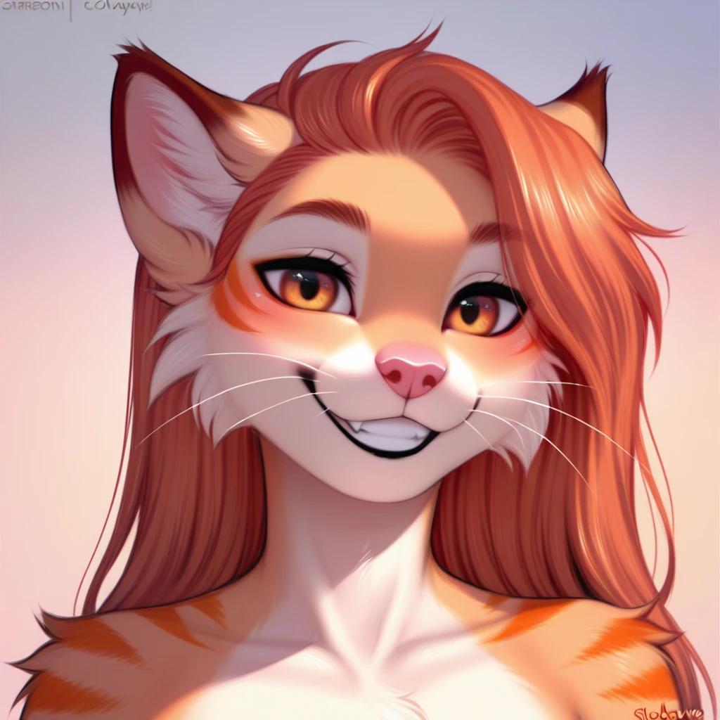 by hyattlen, by fumiko, by claweddrip, a feminine ginger tabby, feline, cat, orange fur, orange stripes, male, cute snout, pink nose, ginger hair, long hair, hair swept back, hazel eyes, whiskers, claws, boyish smile, grin, dimples, closed eyes, (kawaii, pose), (by clockhands, by chunie, by honovy), best quality, absurdres, highres, 8k, uhd, intricate details, highly detailed, Clear facial features, digital illustration, realistic shading, outline, detailed lines, detailed linework, proper anatomy
