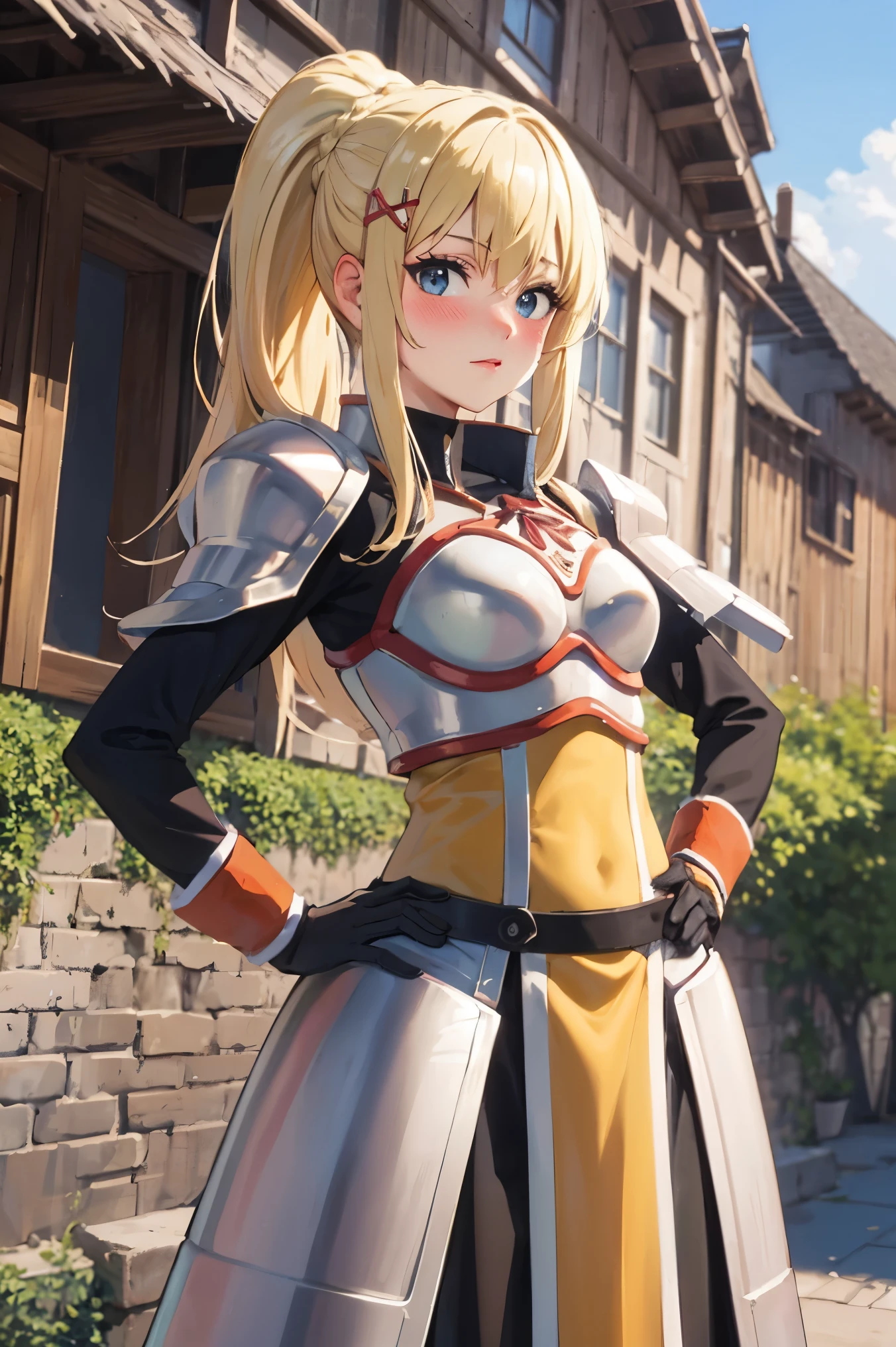 masterpiece, Highest image quality, ultra high resolution, blonde hair, long hair with pony tail, hair ornament, armor, knight, city background, medieval, village, old houses, hands on hips, facing the viewer, looking at the viewer, blushing, red face